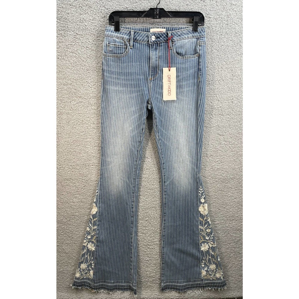 Light Blue Striped Flare Jeans with Floral Embroidery